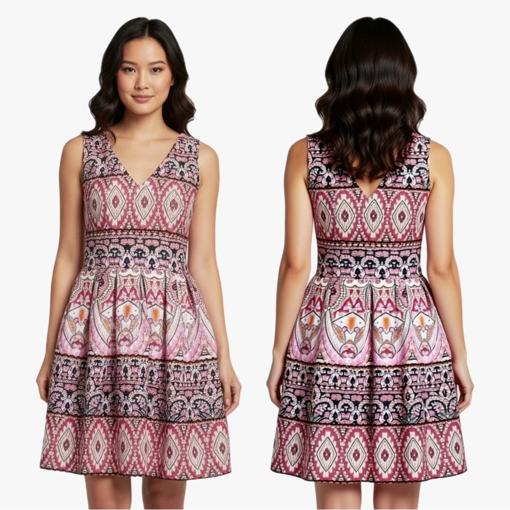 Vince Camuto Hot Pink Geo Print Fit and Flare Dress Womens Size 8